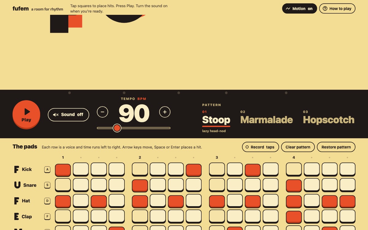 Five large letters spelling fufem above a grid of rhythm pads with play, sound and tempo controls.
